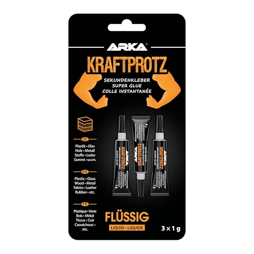 ARKA 3x 1g Sekundenkleber extra stark - Inkl. Anti-Austrocknungs-Spitze - KRAFTPROTZ - Flüssiger Superkleber - Universell verwendbar zum Kleben von Plastik, Kunststoff, Glas, Holz, Stein, Metall uvm. von ARKA