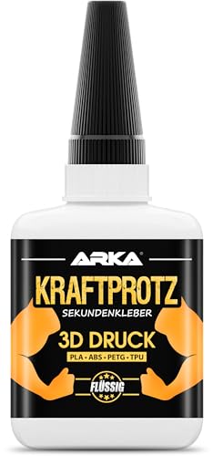 50 g 3D DRUCK Sekundenkleber extra stark | Inkl. Anti-Austrocknung-Spitze | KRAFTPROTZ | Flüssiger Superkleber | Wasserfest | PLA-Kleber, ABS-Kleber, PETG-Kleber & TPU-Kleber von ARKA