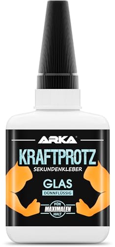 Sekundenkleber dünnflüssig für Glas & Spiegel extra stark – XXL 50 g Glaskleber transparent – wasserfest & hitzebeständig – Anti-Austrocknungs-Spitze – KRAFTPROTZ Kleber für Risse & Reparatur von ARKA