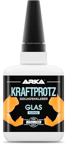 Sekundenkleber flüssig für Glas & Spiegel extra stark – XXL 50 g Glaskleber transparent – wasserfest & hitzebeständig – Anti-Austrocknungs-Spitze – KRAFTPROTZ Kleber für Risse, Fenster & Reparatur von ARKA