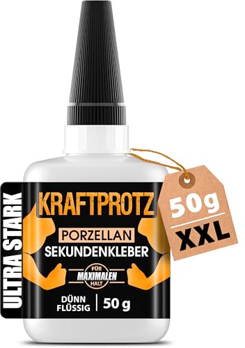 Sekundenkleber für Keramik & Porzellan extra stark – XXL 50 g Superkleber dünnflüssig (extra flüssig) – hochpräzise für Risse – hitze- & spülmaschinenfest – KRAFTPROTZ Spezialkleber für Ton & Stein von ARKA