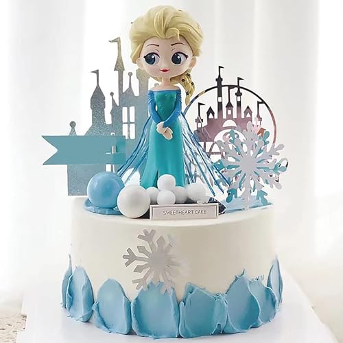 Frozen Geburtstagsdekorationen - Kuchenaufsatz-Set mit Prinzessin Elsa PVC-Puppe, Schloss und Schneeflocken für Mädchen von ARKNAV