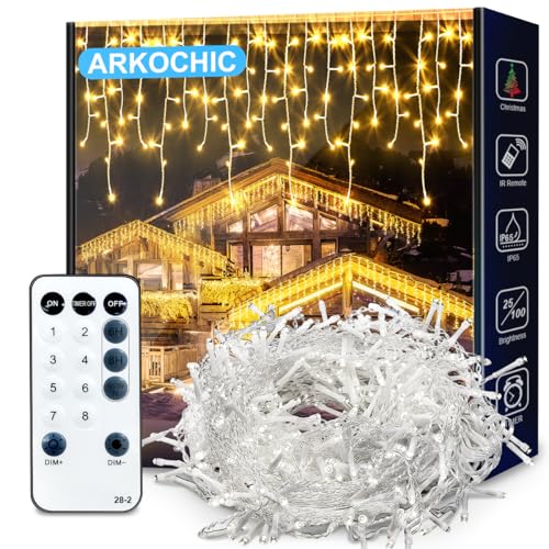 ARKOCHIC Lichterkette Eisregen Außen, 30M 1200er LED Lichtervorhang, IP65 wasserdicht 8 Modi für Innen Außen Weihnachten, Garten, Schlafzimmer, Party, Hochzeit, Balkon (Warmweiß) von ARKOCHIC