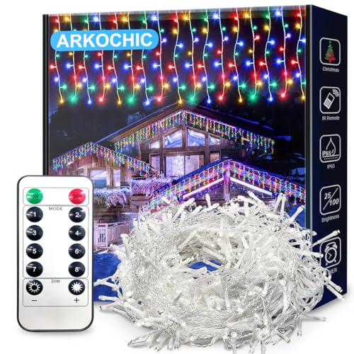 ARKOCHIC Lichterkette Eisregen Außen, 30M 1200er LED Lichtervorhang LED mit Fernbedienung, IP65 wasserdicht 8 Modi für Innen Außen Weihnachten, Schlafzimmer, Party, Hochzeit, Balkon, Garten Deko（Bunt） von ARKOCHIC