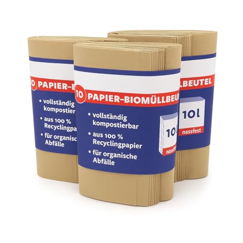 ARLI 30x Bio Müllbeutel 10L Papiermüllbeutel 20x16x34 cm aus 70 g/m² Recyclingpapier kompostierbar & plastikfrei braun & nassfest für Bioabfall (30 Beutel) von ARLI
