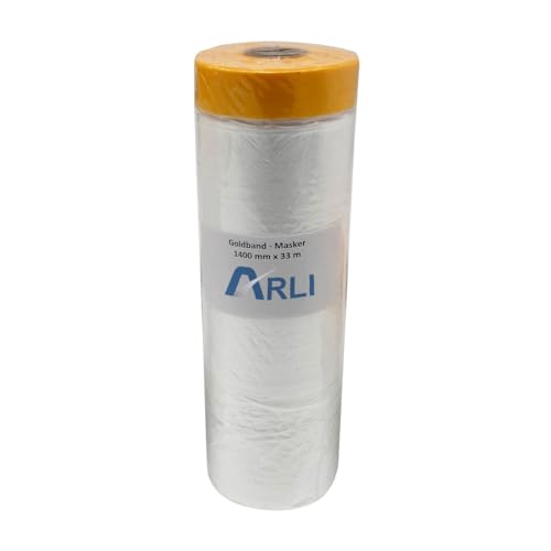 ARLI Masker Goldband 1400 mm x 33 m 1 Rolle Abdeckfolie mit Klebeband Malerfolie Baufolie Maler Lackierer Folie Tape (1x Stück) von ARLI