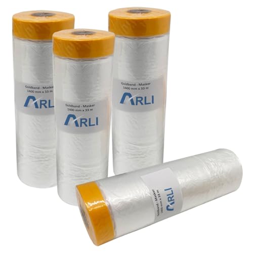 ARLI Masker Goldband 1400 mm x 33 m 4 Rollen Abdeckfolie mit Klebeband Malerfolie Baufolie Maler Lackierer Folie Tape (4x Stück) von ARLI