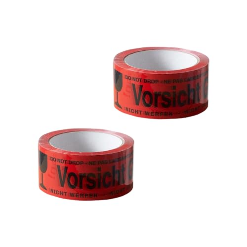 ARLI Paketband Vorsicht Glas 2 Rollen Paketklebeband - 66m x 48mm Warnhinweis rot für sicheren Versand von Glaswaren Auffälliges rotes Klebeband mit Aufdruck zerbrechlich (2x Vorsicht Glas) von ARLI