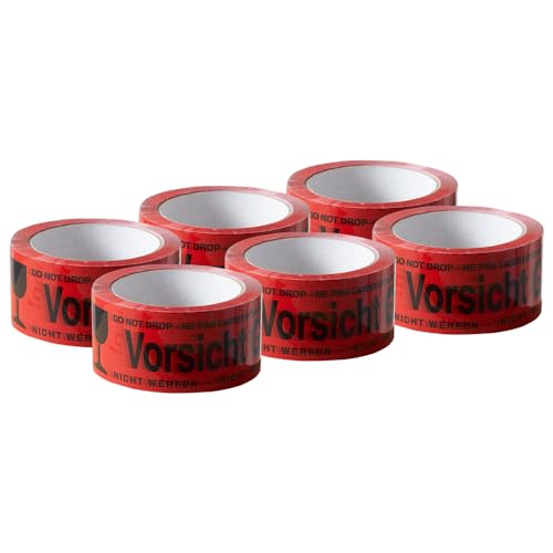 ARLI Paketband Vorsicht Glas 6 Rollen Paketklebeband - 66m x 48mm Warnhinweis rot für sicheren Versand von Glaswaren Auffälliges rotes Klebeband mit Aufdruck zerbrechlich (6x Vorsicht Glas) von ARLI