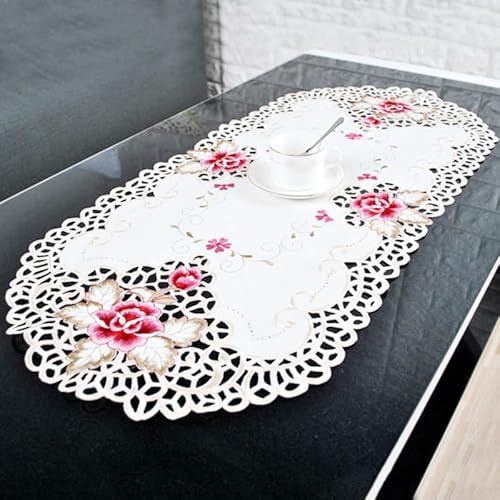 Tischdecke, Landhausstil, Blumenstickerei, Spitze, oval, Tischdecke, 40 x 85 cm von ARMYJY