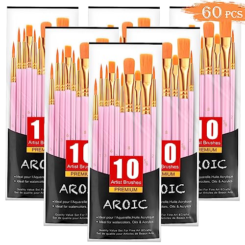 AROIC Acryl-Pinsel, 6 Packungen/60 Stück, Nylon-Haarpinsel-Set für alle Zwecke, Öl, Aquarell, Malerei, Künstler, professionelle Kits (Rosa) von AROIC