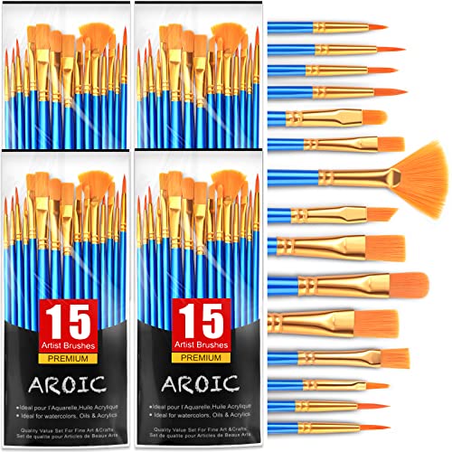 Aroic Acryl-Pinsel-Set, 60 Stück Nylon-Haarpinsel für Allzweck-Öl, Aquarell, Gesicht, Körper, Steinmalerei, Künstler, kleine Pinsel-Sets für Kinder, Erwachsene von AROIC
