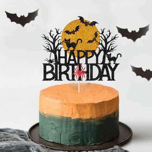 AROKIPPRY Fledermaus-Kuchenaufsatz "Happy Birthday" – Halloween-Geburtstagskuchendekoration, Spinnenkatze, gruseliges Haus, Happy Halloween-Kuchendekoration, schwarzer Glitzer von AROKIPPRY