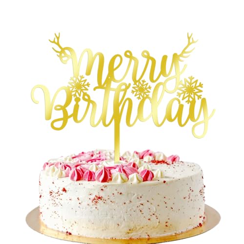 AROKIPPRY Tortenaufsatz mit Aufschrift "Merry Birthday", goldfarben, Acryl, für Weihnachten, Geburtstag, für Winter, Frohes neues Jahr, Schneeflocken-Party, Weihnachts-Hirsch-Mottoparty AROKIPPRY Tortenaufsatz mit Aufschrift "Merry Birthday", goldfarben, Acryl, für Weihnachten, Geburtstag, für Winter, Frohes neues Jahr, Schneeflocken-Party, Weihnachts-Hirsch-Mottoparty von AROKIPPRY