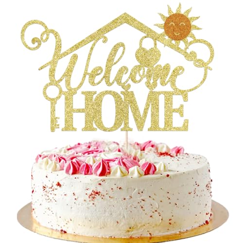 AROKIPPRY Welcome Home Cake Topper - Home Party Decoration - Welcome Sign - New Home/New Baby/Retiring from the Army/Return from Maternity Party Decoration Housewarming Party Decoration (Gold) von AROKIPPRY