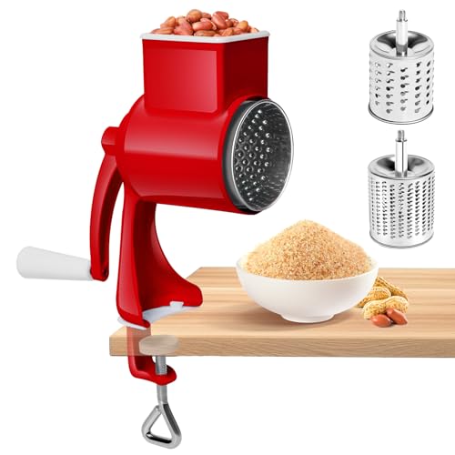 AROMUJOY Manuelle Nussmühle mit 2 Abnehmbaren Trommelblättern, Käsereibe mit Kurbel, Erdnussmühle, Mandelmühle, Gemüsehobel Edelstahl für Nüsse, Mais, Käse, Karotten, Rot AROMUJOY Manuelle Nussmühle mit 2 Abnehmbaren Trommelblättern, Käsereibe mit Kurbel, Erdnussmühle, Mandelmühle, Gemüsehobel Edelstahl für Nüsse, Mais, Käse, Karotten, Rot von AROMUJOY