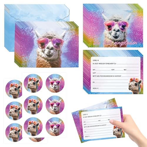 ARONRAVE Lama Einladungskarten Kindergeburtstag 12 Stück Lama Einladung Kindergeburtstag mädchen Lustig Tiere Alpaka Glitzerlack Geburtstag Einladungen Geburtstag Mädchen Kindergeburtstag von ARONRAVE