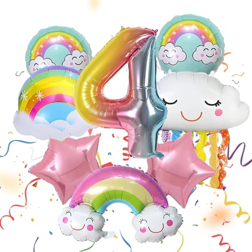 ARONRAVE Regenbogen Geburtstagsdeko 4 Jahre, Regenbogen Luftballons Wolkenförmige Folienballon Regenbogen Deko Kindergeburtstag Rosa Stern Pastell Rundballons für Mädchen Geburtstag Deko von ARONRAVE
