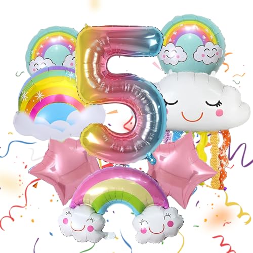 ARONRAVE Regenbogen Geburtstagsdeko Set, 5 Jahre Regenbogen Quasten Luftballons Folienballon Wolken Regenbogen Rosa Stern Pastell Rundballons für Mädchen Geburtstag Deko von ARONRAVE
