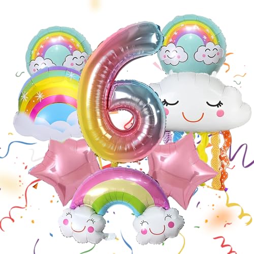 ARONRAVE Regenbogen Geburtstagsdeko Set, 6 Jahre Regenbogen Quasten Luftballons Folienballon Wolken Regenbogen Rosa Stern Pastell Rundballons für Mädchen Geburtstag Deko von ARONRAVE