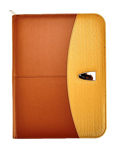 Arpan Deluxe Professional A4 Organizer Portfolio Reißverschluss Arbeitstasche Ordner gepolstert Konferenzmappe Folio mit integriertem Taschenrechner Notizblock & Visitenkartenhalter - Braun/Hellbraun Gold von ARPAN
