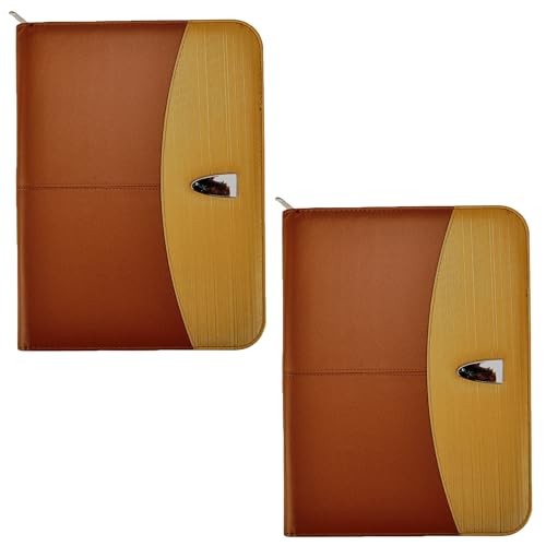 Arpan Konferenzmappe A4 PU Reißverschluss Professionelle Portfolio Dokumentenmappe mit Taschenrechner, Schreibblock für Büro (Braun Gold - 2 Stück) von ARPAN