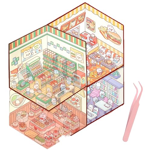 4 Sets 3D Sticker, 3D-Cartoon-Miniatur-Szenen-Aufkleber Für Kinder Adult Stressabbau - DIY Scene Stickers (Mit Pinzette) von ARROMI