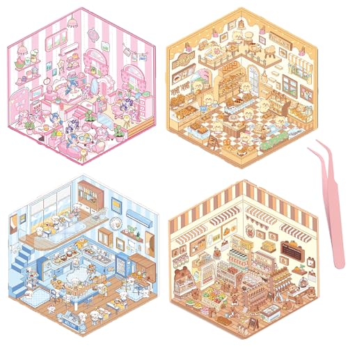 4 Sets 3D Sticker Scene Maker DIY Set, Fun Cozy Little Home House Sticker Buch Mit Pinzette von ARROMI