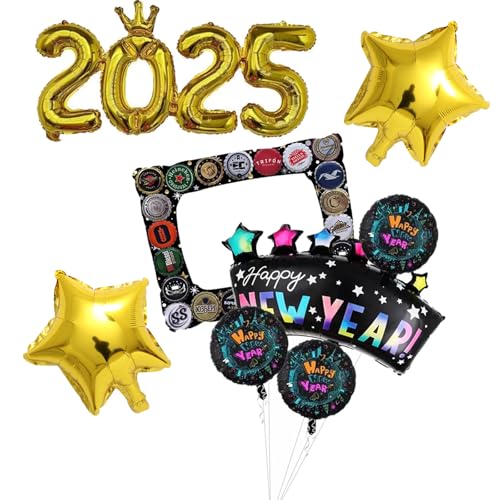 8 Stück 2025 Neujahr Deko Set, Neujahrsparty Folienballon, Silvester Deko, Happy New Year Helium Ballons, Schwarz Gold Luftballons für Party Dekoration von ARROMI