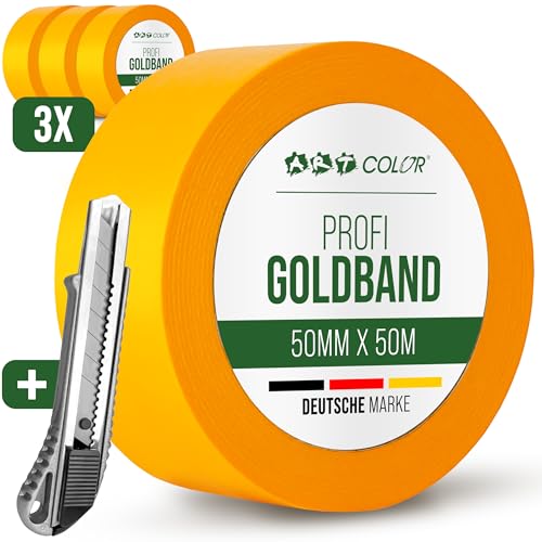 ART COLOR 3x Profi Goldband 50mm x 50m inkl. Cuttermesser - Maler Klebeband für exakte Farbkanten - UV beständiges Abklebeband - Alu Teppichmesser ART COLOR 3x Profi Goldband 50mm x 50m inkl. Cuttermesser - Maler Klebeband für exakte Farbkanten - UV beständiges Abklebeband - Alu Teppichmesser von ART COLOR