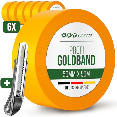 ART COLOR 6x Profi Goldband 50mm x 50m inkl. Cuttermesser - Maler Klebeband für exakte Farbkanten - UV beständiges Abklebeband - Alu Teppichmesser ART COLOR 6x Profi Goldband 50mm x 50m inkl. Cuttermesser - Maler Klebeband für exakte Farbkanten - UV beständiges Abklebeband - Alu Teppichmesser von ART COLOR