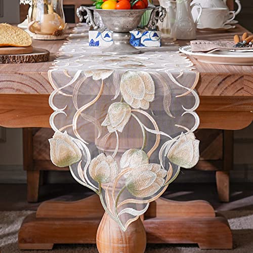 ARTABLE Spitze Rose Rechteck Tisch Flagge Tischdecke pastoralen Retro Exquisite Esstisch Couchtisch Kamin Schrank Kommode Hochzeit Urlaub (Beige-3, 32 x 150 cm) von ARTABLE