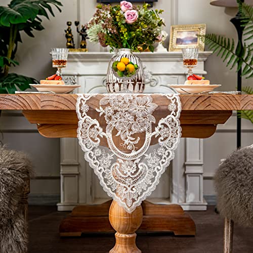 ARTABLE Spitze Rose Rechteck Tisch Flagge Tischdecke pastoralen Retro Exquisite Esstisch Couchtisch Kamin Schrank Kommode Hochzeit Urlaub (Weiß-3, 32 x 180 cm) von ARTABLE