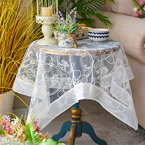 ARTABLE Weiße Hochzeits-Spitzen-Tischdecke Organza-Saum, klein, quadratisch, rechteckig, Vintage-Stickerei, Tischdecken für Zuhause, Outdoor, Party, Herbst, Tischdekorationen (weiß, 130 x 130 cm) von ARTABLE