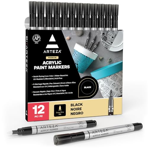 ARTEZA Acrylmarker Schwarz, 12er Set, langlebige Acrylstifte wasserfest mit Kunststoffspitze, Stifte zum Steine Bemalen, für Metall, Leinwand, Keramikoberflächen, Glas, Holz und Stoff von ARTEZA