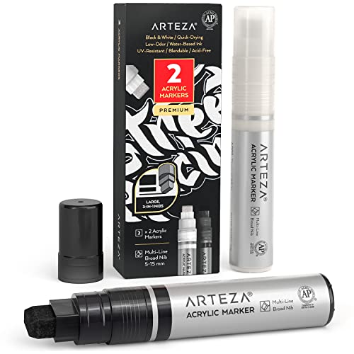 ARTEZA Acrylstifte, 2er-Set, Weiß und Schwarz, 3-in-1-Multi-Line-Federn, 5-15 mm Strichbreite, UV-beständige Acryl Marker, Acrylmalstifte für Steine, Glas, Metall und Holz von ARTEZA