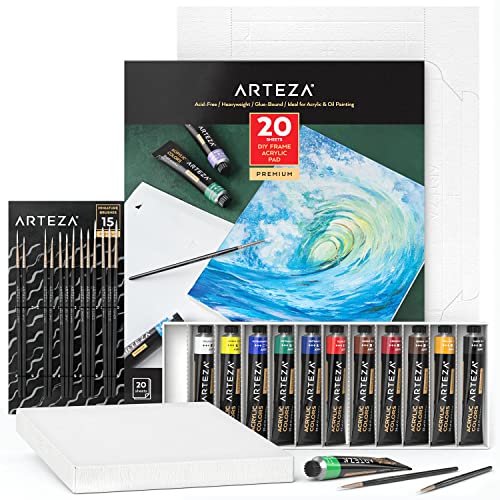 ARTEZA Acrylfarben Set, 12 Farben Acrylfarbe, 15 Detailpinsel und 17.78 x 21.84 cm faltbarer Leinwandblock, Acryl Malset für Erwachsene und Kinder, Künstlerbedarf für Hobby von ARTEZA