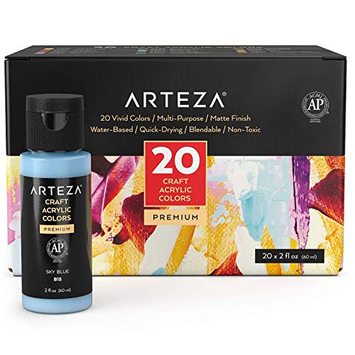 ARTEZA Acrylfarben Set, 60ml Flaschen, 20er-Set, wasserbasiert, mattes Finish, mischbare Acrylmalfarben für Kunst & DIY Projekte auf Glas, Holz, Keramik, Stoffen, Papier und Leinwand von ARTEZA
