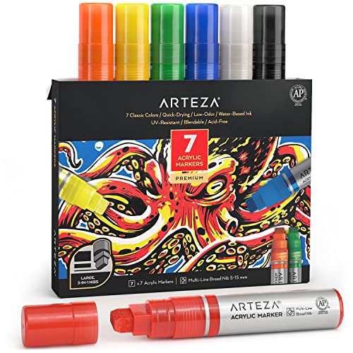 ARTEZA Acrylstifte, 7er-Set, Klassische Farben, 3-in-1-Multi-Line-Federn, 5-15 mm Strichbreite, UV-beständige Acryl Marker, Acrylmalstifte für Steine, Glas, Metall und Holz von ARTEZA