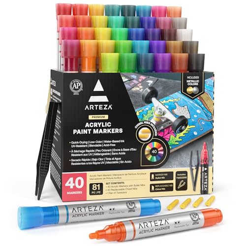 ARTEZA Acrylstifte, Set mit 40 verschiedenen Acrylmarkern, Acrylfarbstifte mit austauschbaren Spitzen, Stifte für Steine, Leinwand, Glas, Holz und Kunststoff ARTEZA Acrylstifte, Set mit 40 verschiedenen Acrylmarkern, Acrylfarbstifte mit austauschbaren Spitzen, Stifte für Steine, Leinwand, Glas, Holz und Kunststoff von ARTEZA