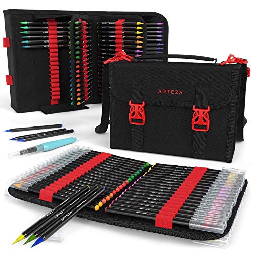 ARTEZA Aquarell-Pinselstifte, Set mit 96 hochwertigen Fasermalern auf Wasserbasis, enthält Wassertankpinsel, praktische Aufbewahrungstasche mit 108 Halteschlaufen, zum Mitnehmen und Malen von ARTEZA
