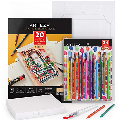 Arteza Aquarell Set mit 24 Buntstiften ohne Holz, Aquarellstifte Set mit faltbarem Leinwandblock, Malset für Erwachsene, Künstlerbedarf für Kinder, Profis und Hobbymaler von ARTEZA