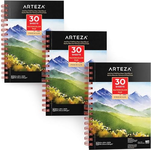 Arteza Aquarellpapier Malblock 3er Set, 30 Blatt 13.9 cm x 21.6 cm je Aquarellblock, 300 g/m² kaltgepresstes säurefreies Wasserfarben Papier für Aquarellmalerei und Mixed Media von ARTEZA