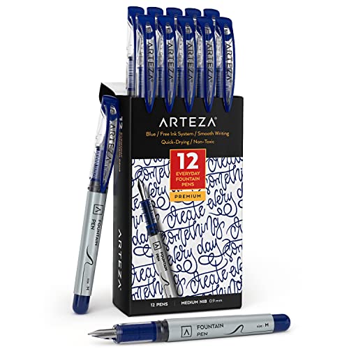 ARTEZA Einweg-Füllfederhalter, 12 Stück, mittlere 0,9 mm Spitze, glattes Schreiben, schnelltrocknender blauer Tintenstift, Kunstbedarf für Profis, Studenten und Hobbyisten von ARTEZA