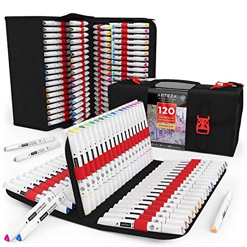 ARTEZA EverBlend Graffiti Marker, 120 bunte Marker mit Doppelspitze und 1 Blender Marker, feine Spitze und Keilspitze, alkoholbasierte Twinmarker, Marker Set in praktischer Tragetasche von ARTEZA