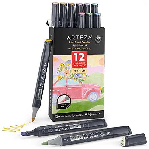 ARTEZA Everblend Ultra Art Marker, 12er Set Graffiti Stifte in Pastellfarben, Alkohol Marker mit Medium Keilspitze und Pinselspitze, Twinmarker zum Färben, Skizzieren inkl. Organizer Box von ARTEZA