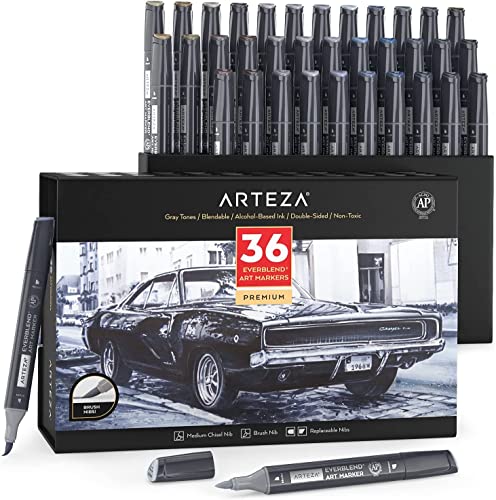 ARTEZA Everblend Ultra Graffiti Stifte, 36er Set Art Marker, Graustufen Alkohol Marker mit Medium Keilspitze und Pinselspitze, Twinmarker zum Färben, Skizzieren inkl. Organizer Box von ARTEZA