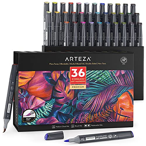 Arteza Everblend Ultra Graffiti Stifte, 36er Set Art Marker in Flora-Farbtönen, Alkohol Marker mit Medium Keilspitze und Pinselspitze, Twinmarker zum Färben, Skizzieren inkl. Organizer Box von ARTEZA