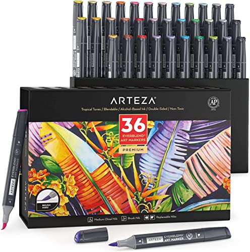 ARTEZA Everblend Ultra Graffiti Stifte, 36er Set Art Marker in Tropischen Farbtönen, Alkohol Marker mit Medium Keilspitze und Pinselspitze, Twinmarker zum Färben, Skizzieren inkl. Organizer Box von ARTEZA