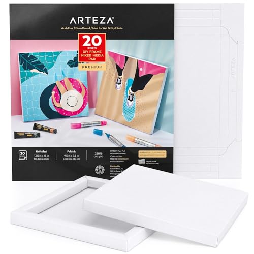 Arteza Faltbarer Mixed Media Papier Leinwandblock, 24.2 x 24.2 cm, 20 Blatt, DIY-Rahmen, schweres Künstler Papier, 370 g/m², säurefrei, Art Block für Malerei und Kunst mit Mischtechniken von ARTEZA